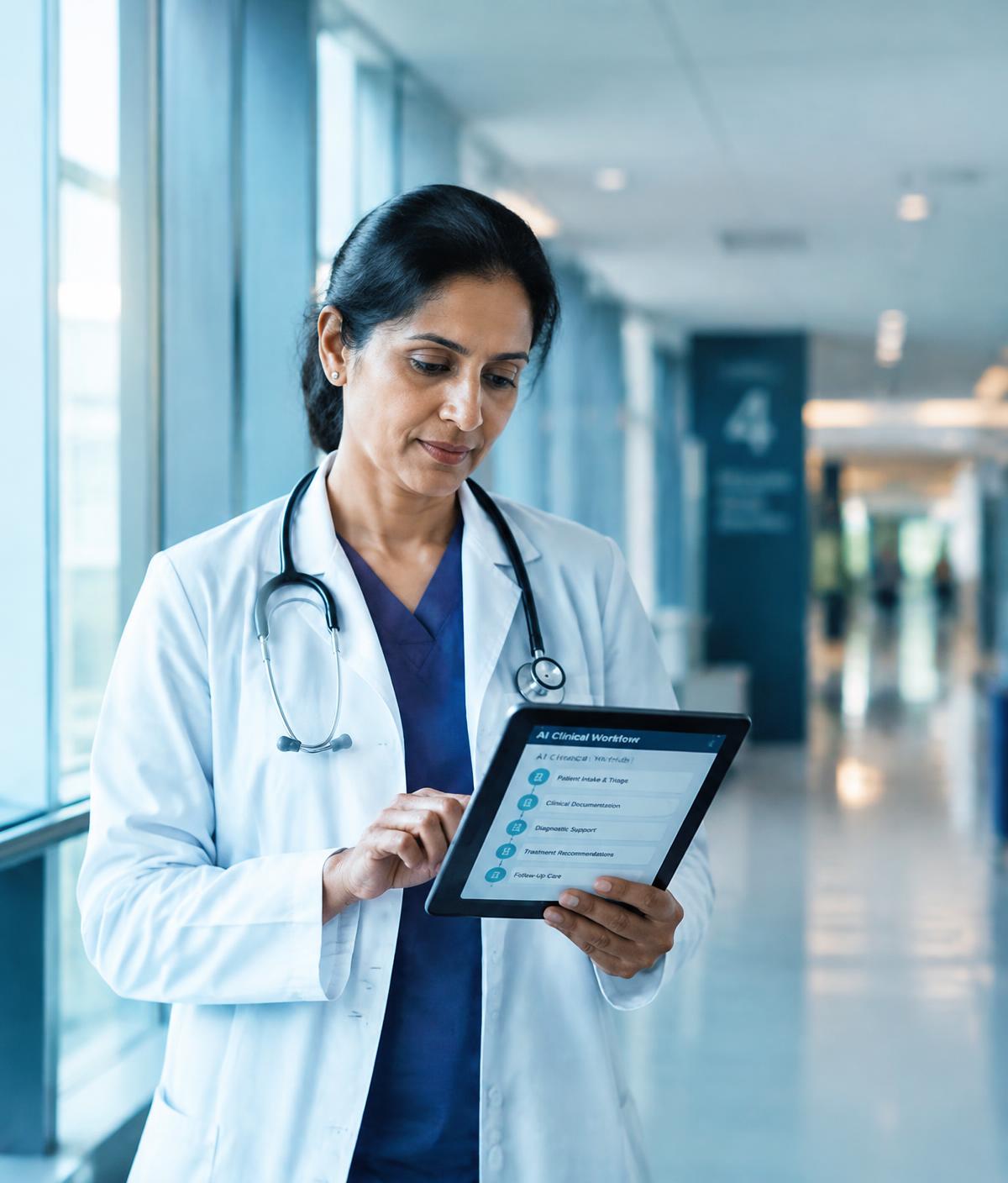 Physician reviewing an AI clinical workflow on a tablet